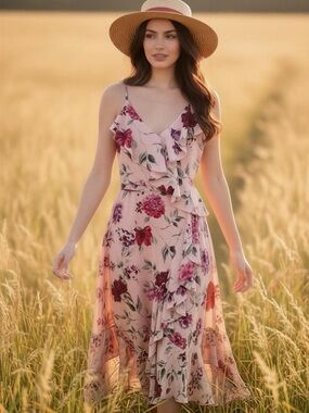 Blush Pink Floral Ruffle Maxi Dress with Spaghetti Straps Size 16